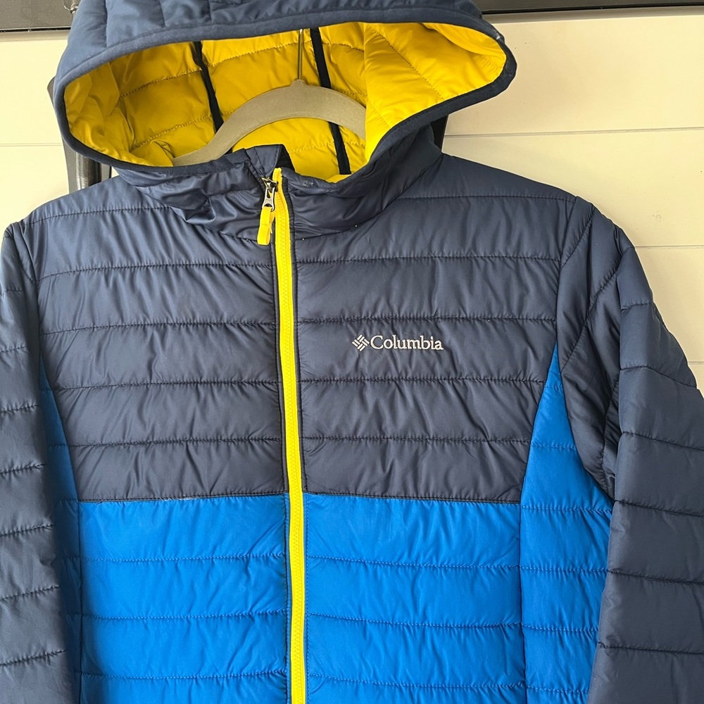 Columbia Boys XL Powder Lite Navy Blue Yellow Hooded Puffer Coat Omni Heat 18/20 - Picture 3 of 6